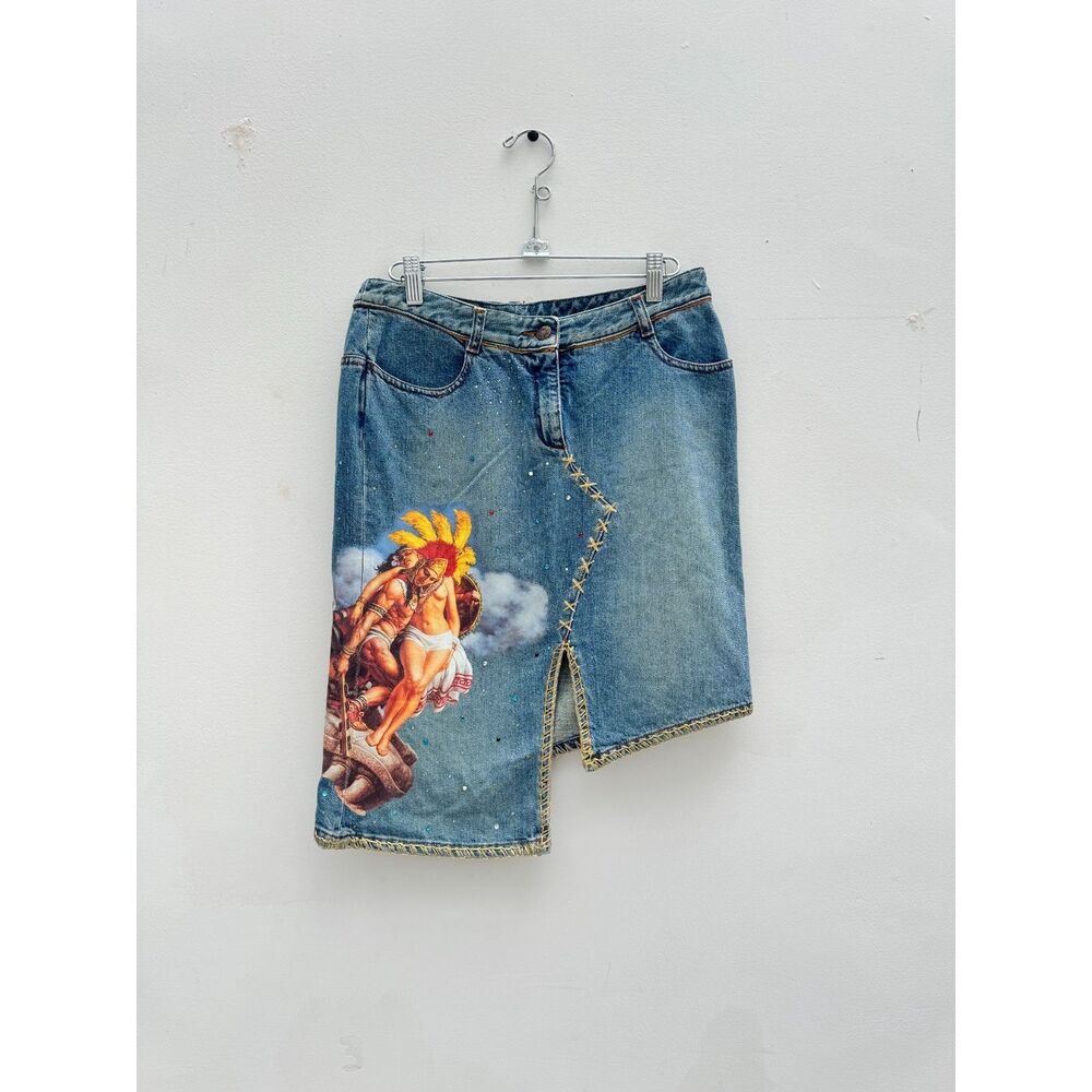 VTG Voyage Passion Y2K Archival Graphic Print Asymmetric Denim Skirt It 42 US S